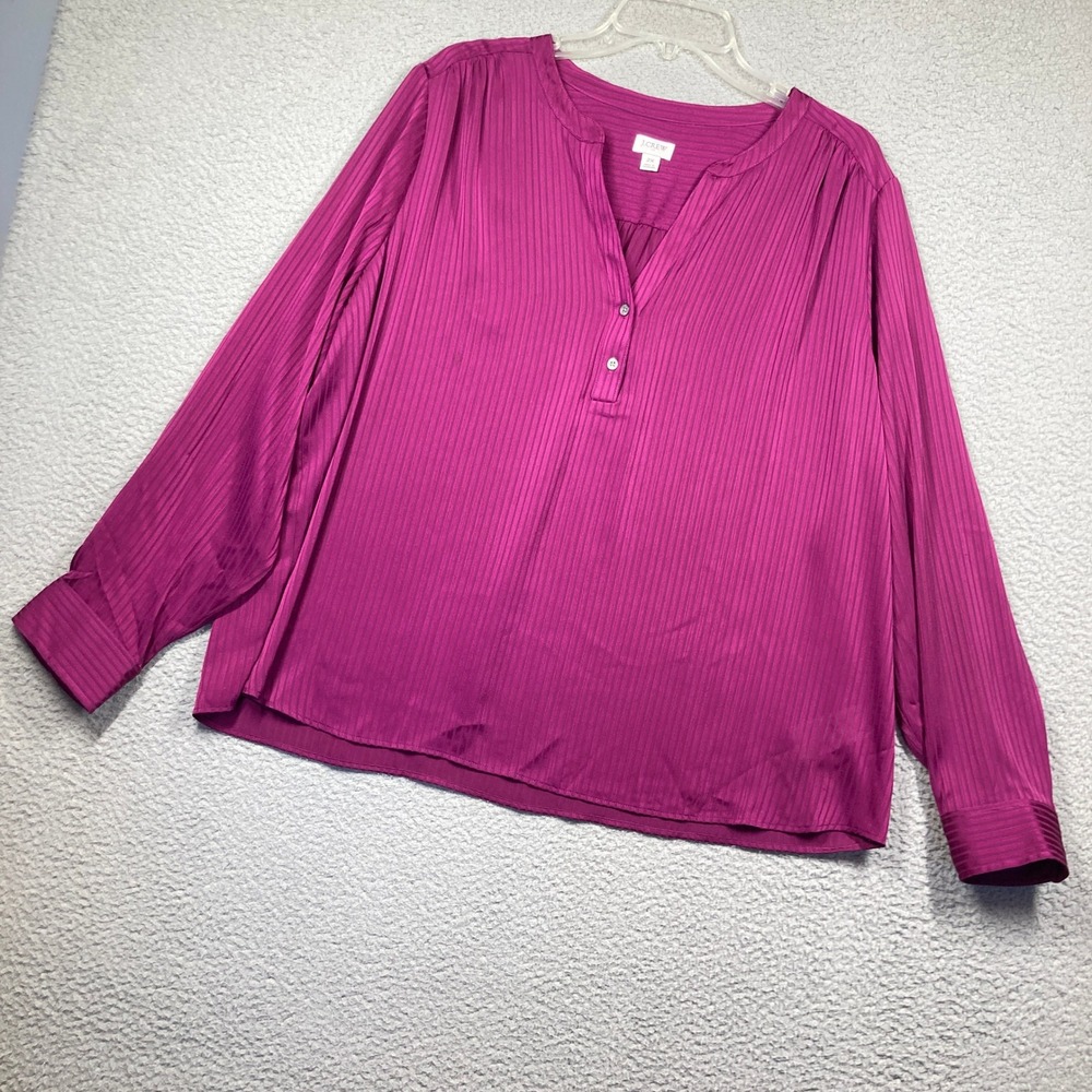 J.Crew Henley Blouse Women 2X‎ Magenta Tonal Stripe Satin V-Neck Office STAIN